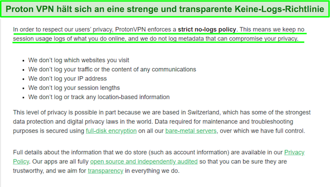Screenshot einer Datenschutzerklärung von Proton VPN zu seinen Protokollierungspraktiken
