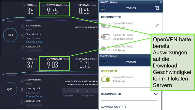 Screenshot von zwei Speedtests mit sehr ähnlichen Daten, beide verwenden einen Seattle-Server.