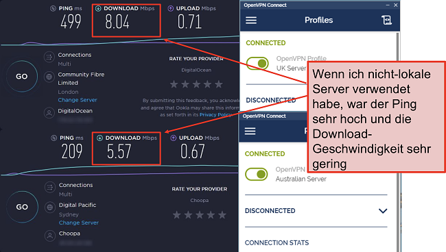 Screenshot von zwei Speedtests, einer mit einem Londoner Server, einer mit einem Sydney-Server