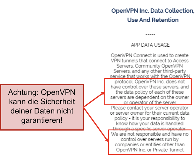 Screenshot der Datenschutzerklärung von OpenVPN.