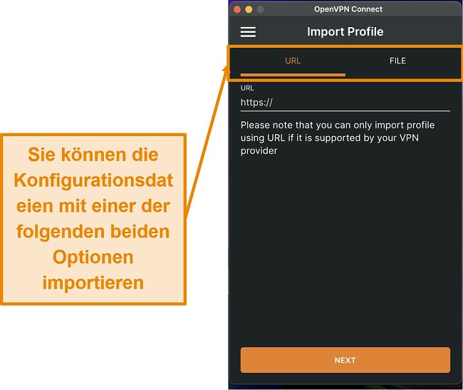 Screenshot, der zeigt, wie die Konfigurationsdatei manuell importiert wird