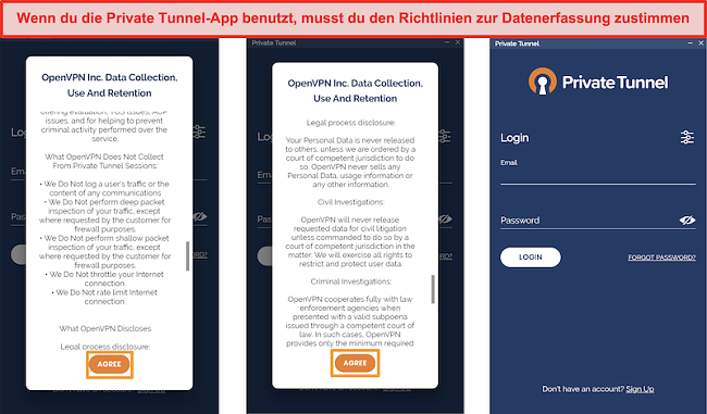 Screenshot der App von Private Tunnel mit den Richtlinien zur Datenerfassung, -nutzung und -aufbewahrung