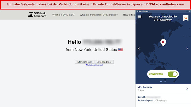 Screenshot von DNSleaktest.com zeigt eine Verbindung von New York aus, obwohl eine Verbindung zu einem Server in Japan besteht.