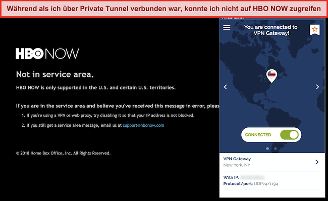 Screenshot von HBO NOW, der eine Verbindung vom privaten Tunnel blockiert