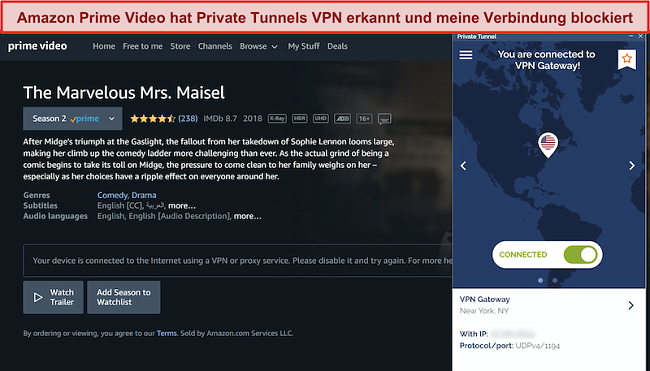 Screenshot von Amazon Prime, der den privaten Tunnel blockiert