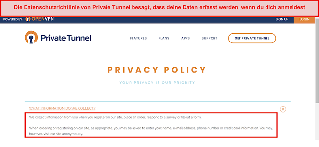 Screenshot der Datenschutzrichtlinie von Private Tunnel