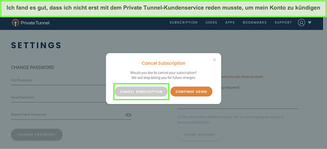 Screenshot des Kündigungsprozesses für das Abonnement von Private Tunnel.