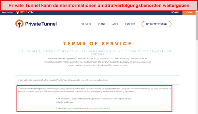 Screenshot der Nutzungsbedingungen von Private Tunnel