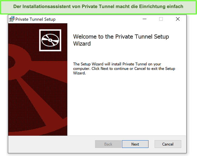 Screenshot des Installationsassistenten von Private Tunnel.