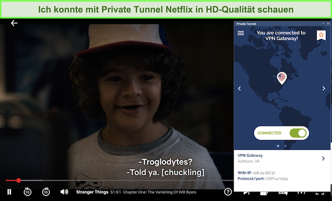 Screenshot von Netflix, der Stranger Things spielt, während er mit dem VA-Server verbunden ist