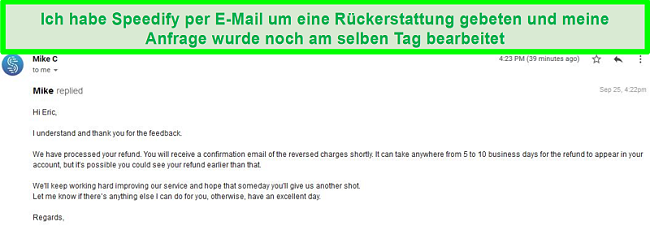 Screenshot einer E-Mail vom Speedify-Support, die eine Rückerstattungsanforderung bearbeitet