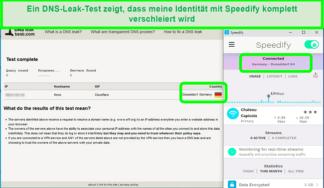 Screenshot eines DNS-Lecktests, während Speedify mit einem deutschen Server verbunden ist