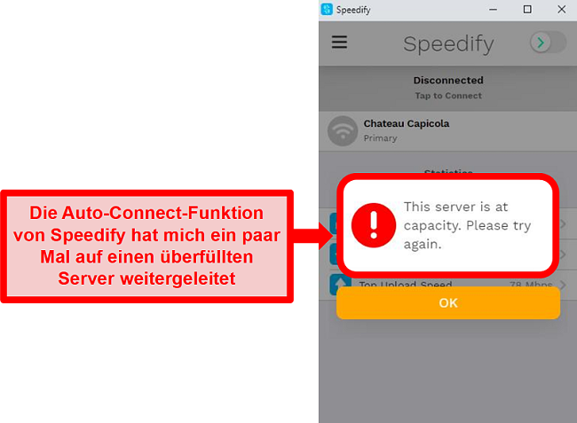 Screenshot der Benutzeroberfläche von Speedify mit der Fehlermeldung, dass ein Server voll ausgelastet ist