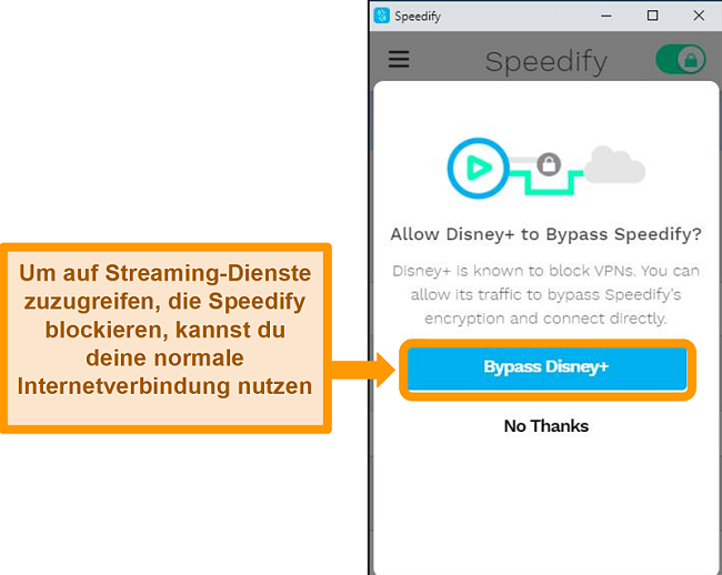 Screenshot der Speedify-Benutzeroberfläche mit einer Bypass-Option für Disney +
