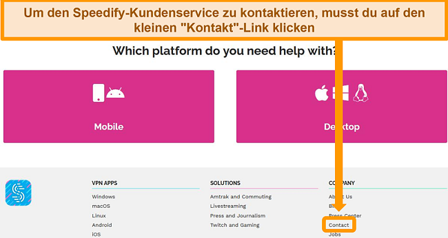 Screenshot der Support-Seite auf der Speedify-Website