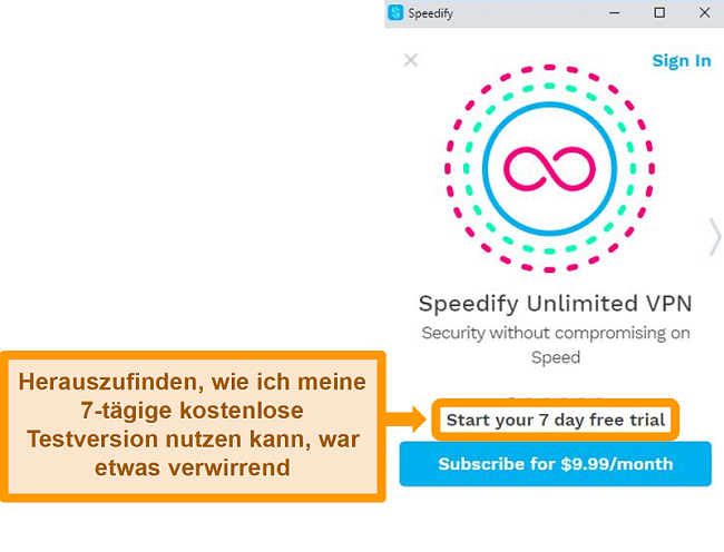 Screenshot des Startbildschirms von Speedify