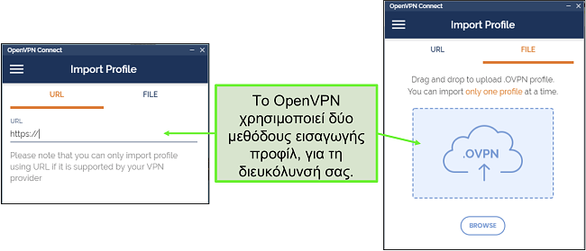 Στιγμιότυπο οθόνης από τους δύο τρόπους με τους οποίους μπορείτε να εισαγάγετε προφίλ διακομιστή στο περιβάλλον χρήστη OpenVPN.