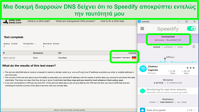Στιγμιότυπο οθόνης δοκιμής διαρροής DNS ενώ το Speedify είναι συνδεδεμένο σε γερμανικό διακομιστή