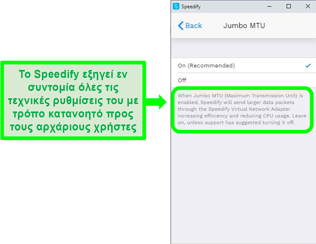 Στιγμιότυπο οθόνης μιας εξήγησης κάτω από μία από τις ρυθμίσεις του Speedify