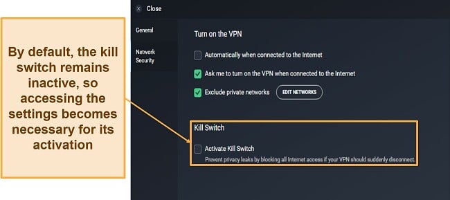Screenshot showing how to enable AVG Secure's kill switch