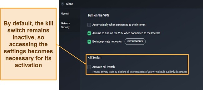 Screenshot showing how to enable AVG Secure's kill switch