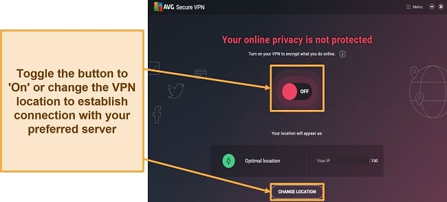 Screenshot of AVG Secure's connection interface