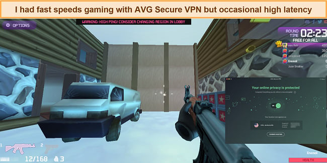 Screenshot showing Killstreak gameplay while connected to AVG Secure VPN