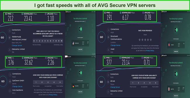 Screenshot of AVG Secure VPN speed tests using the New York, London, Berlin and Tokyo Servers