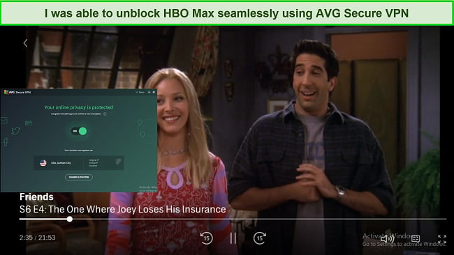 A screenshot showing AVG Secure VPN unblocked HBO Max seamlessly