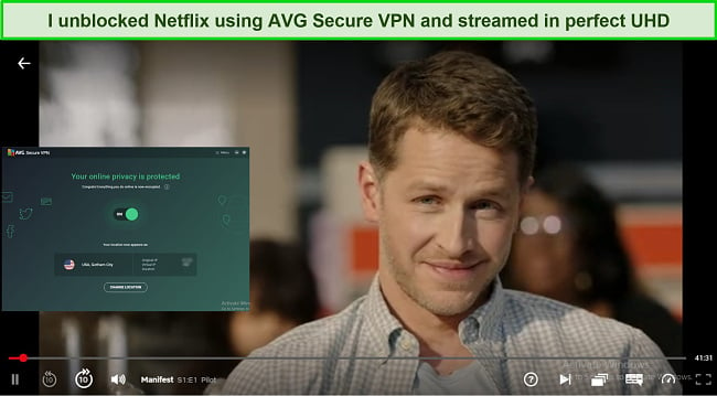 A screenshot showing AVG Secure VPN unblocked Netflix and allowed me to Manifest.