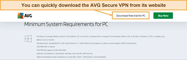 Screenshot of the AVG Secure PC download page