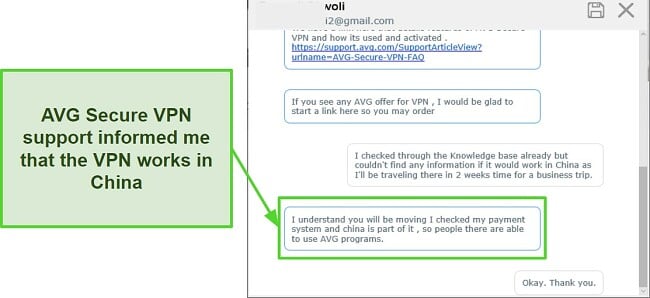 A screenshot showing AVG Secure VPN Support Agent informing me that its VPN works in China