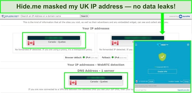 Screenshot of Hide.me's IP Leak test results while connected to a server in Canada