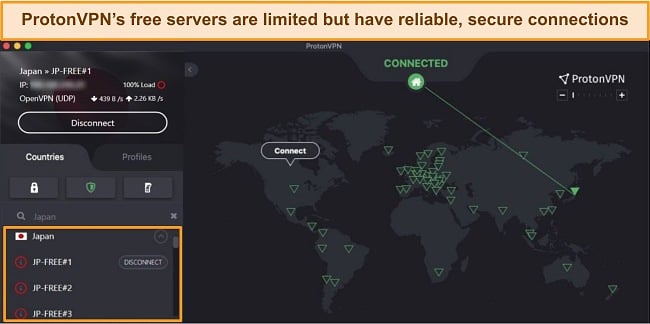 Screenshot of Proton VPN connected to a free server in Japan.