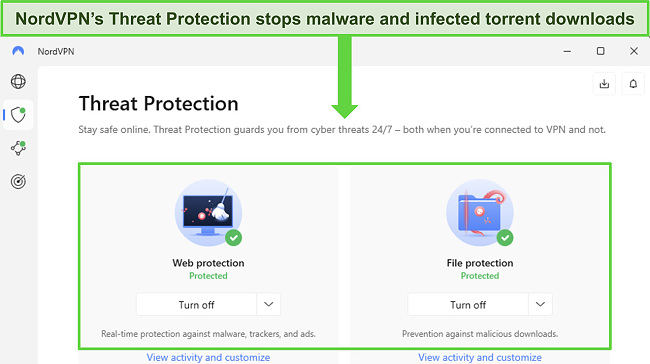Image of NordVPN's Windows app, showing the Threat Protection feature switched on.