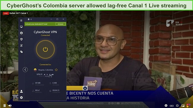 A screenshot of Canal 1 Live online streaming while the tester is connected to a CyberGhost Colombia server (Bogota).