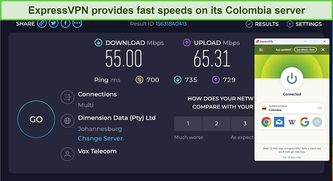 A screenshot showing speed test results while the tester is connected to an ExpressVPN Colombia server.