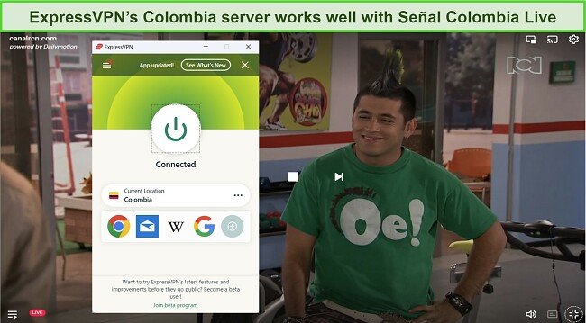 A screenshot of Senal Colombia TV Live broadcasting while the tester is connected to an ExpressVPN Colombia server.