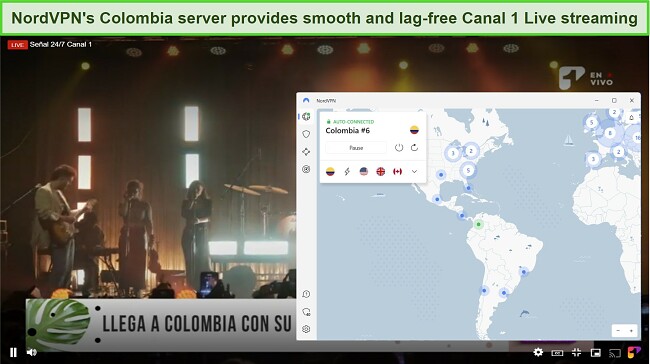 A screenshot showing Canal 1 Live online streaming while the tester is connected to a NordVPN Colombia server.