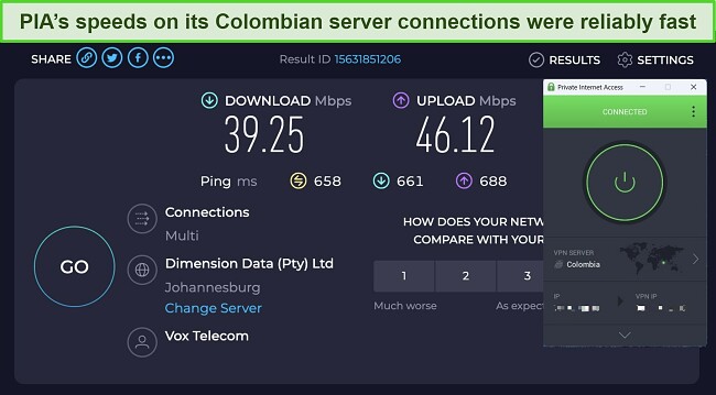 A screenshot of speed test results on PIA's Colombia server.