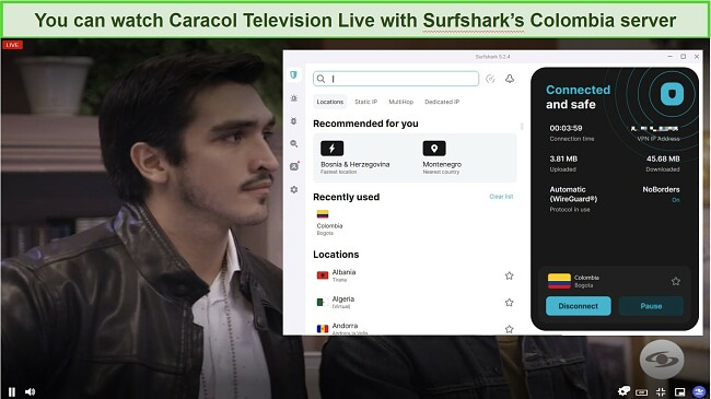 A screenshot showing Live online streaming of Caracol Television while the tester is connected to a Surfshark Colombia server.