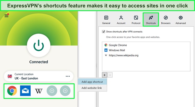 Screenshot of ExpressVPN's Windows app with the Shortcuts feature highlighted and options menu open.