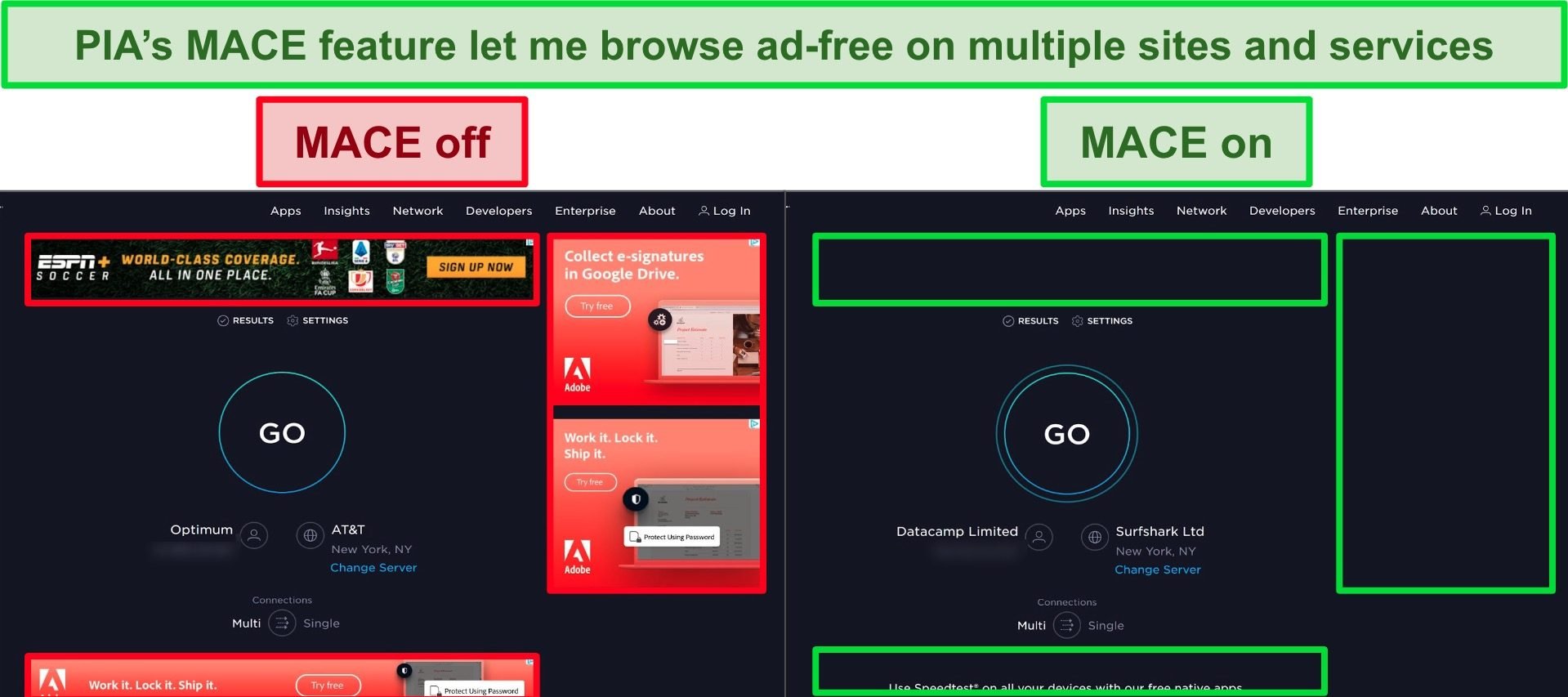 Screenshot of ads on a website before and after MACE has been turned on