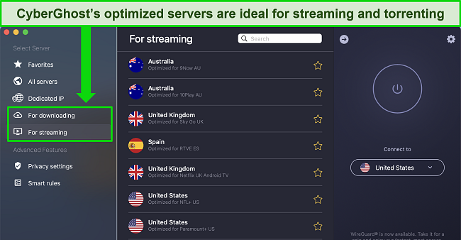 Image of CyberGhost's Mac app, showing the optimized servers for streaming and the optimized server menus location.