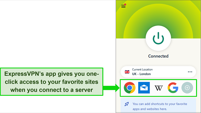 Screenshot of ExpressVPN's app connected to a UK server, showing the shortcuts options.