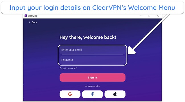 Screenshot of ClearVPN's login screen