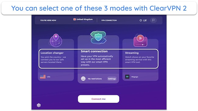 Screenshot of ClearVPN's 3 connection modes