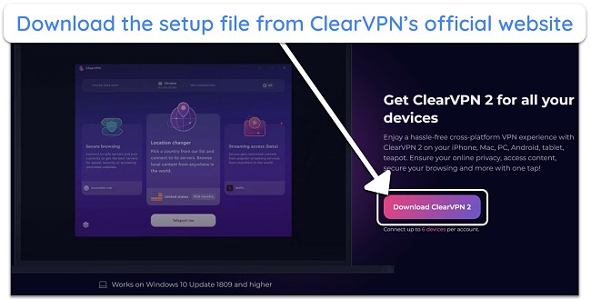 Screenshot of ClearVPN 2's download button on its website