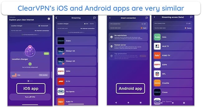 Screenshot of ClearVPN 2's interfaces for iOS and Android apps