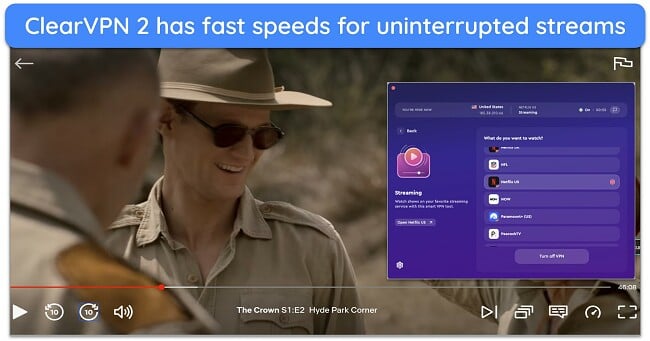Screenshot of The Crown streaming on Netflix in HD using ClearVPN